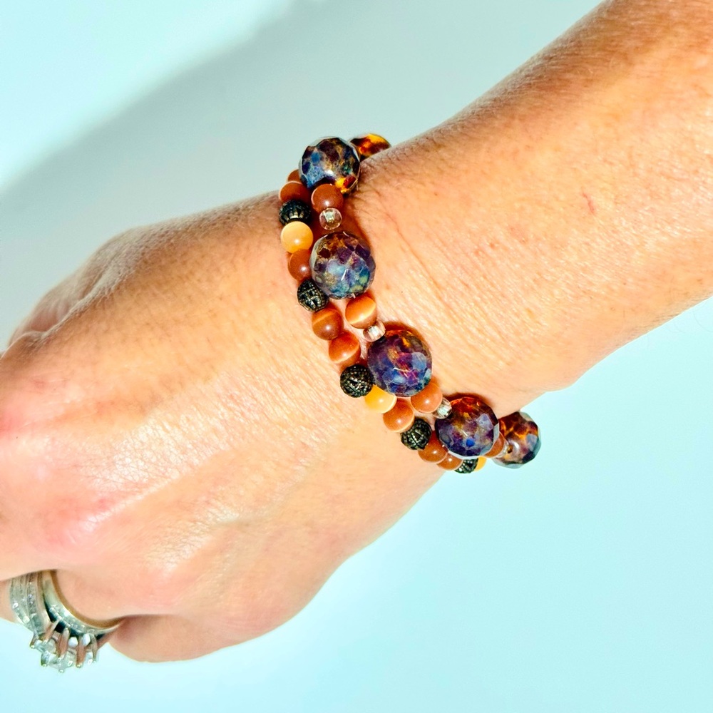 VINTAGE Elegant Tiger Eye Brown & Gold Beaded Bracelet Set 2 Stretchy Bracelets